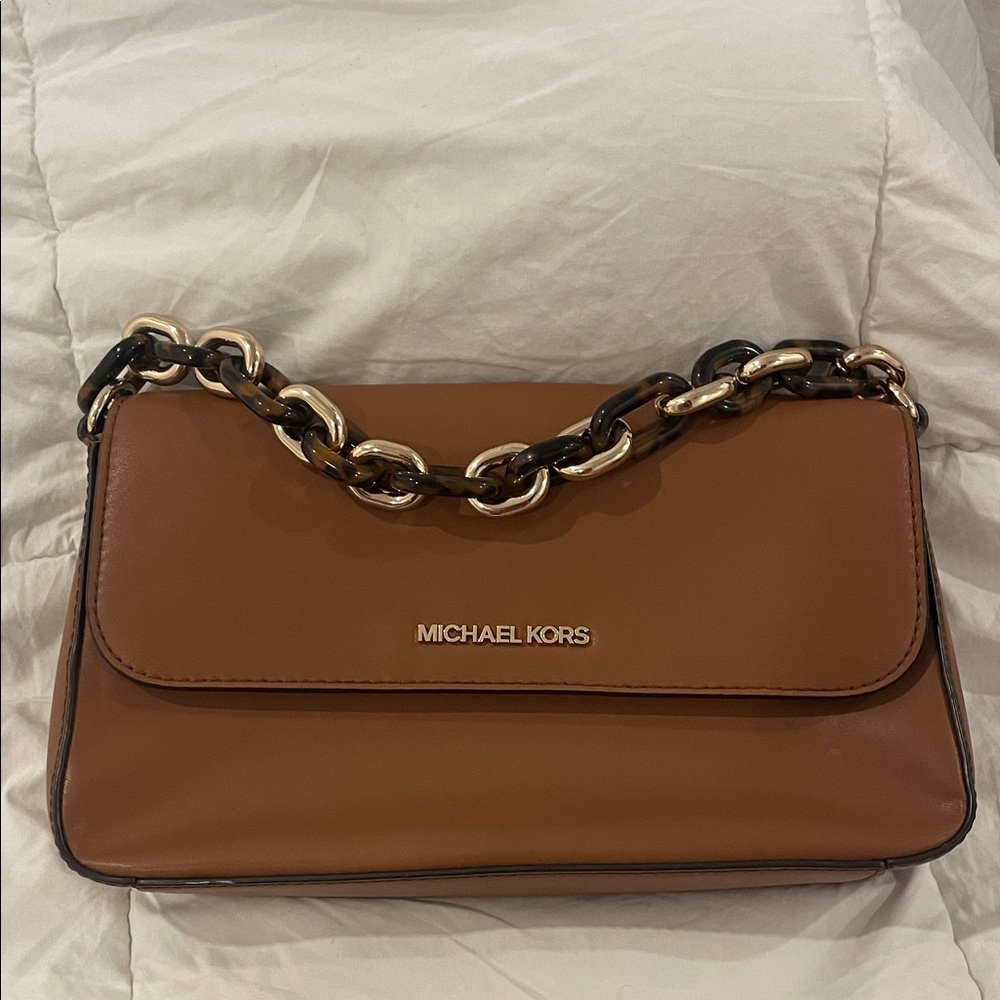 Michael Kors Tan Leather Shoulder Bag with Gold-Black Chain